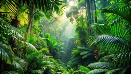 Obraz premium Lush tropical forest with vibrant green foliage, tropical, jungle, rainforest, lush, dense, greenery, vegetation, exotic