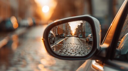Car side mirrors that reflect the road and scenery behind The mirror captures the image behind in detail. Emphasis is placed on the driver's perspective. Themes related to driving, travel and safety.