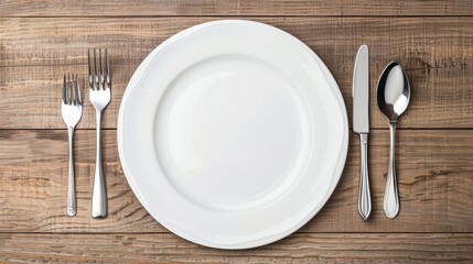 Empty plate with spoon, fork, and knife arranged neatly, top view on a wooden background, isolated studio lighting, high clarity, ideal for food advertising