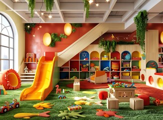 The interior of the kindergarten room had toys and children's furniture, bright colors, a green...