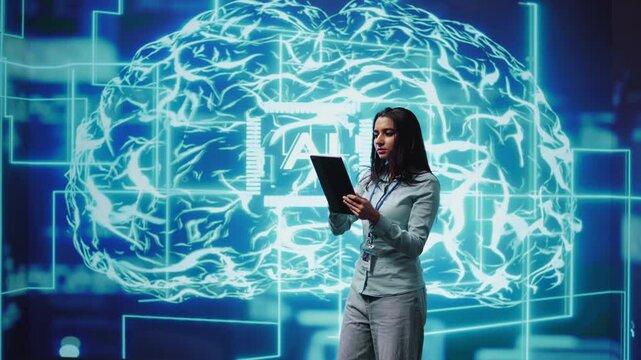 Developer using tablet to implement artificial intelligence parallel processing, breaking up complex computational tasks enabling AI systems to process more input data faster, camera B