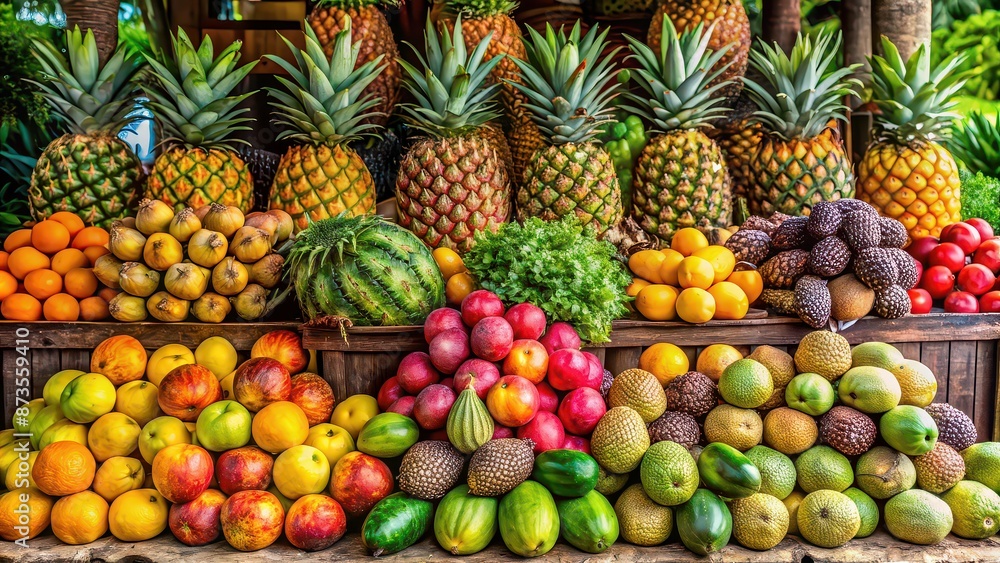 Sticker Vibrant tropical fruit stand featuring ripe mangoes, pineapples, papayas, and coconuts , tropical, fruit, stand, colorful