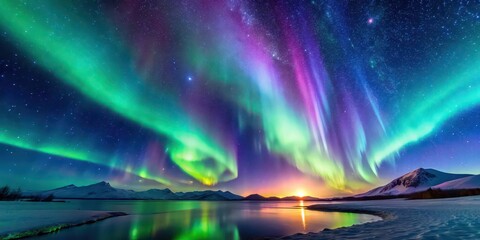 Enchanting display of the Aurora Borealis against a star-filled sky , Aurora Borealis, ethereal, dance, celestial