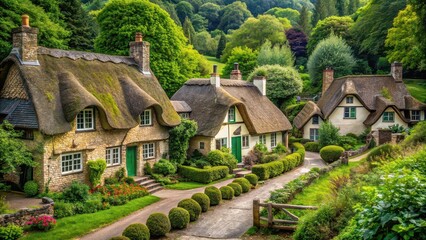 Charming village with quaint thatched-roof cottages nestled in a lush, green forest, village, charming, thatched-roof, cottages
