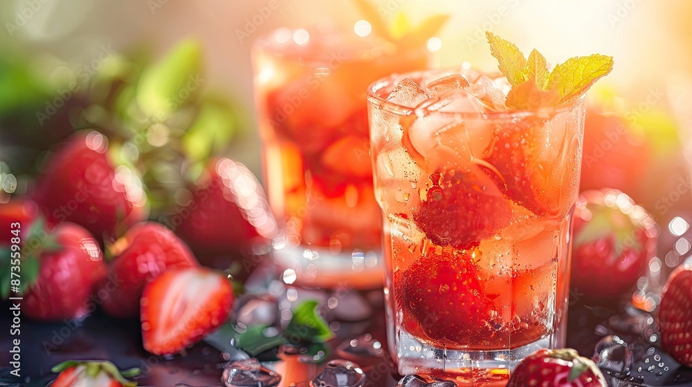 Poster two glasses of strawberry juice with ice cubes and a few strawberries on the table. scene is refresh