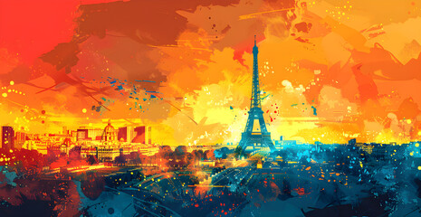 A painting of the Eiffel Tower in the background of a cityscape with a splash of