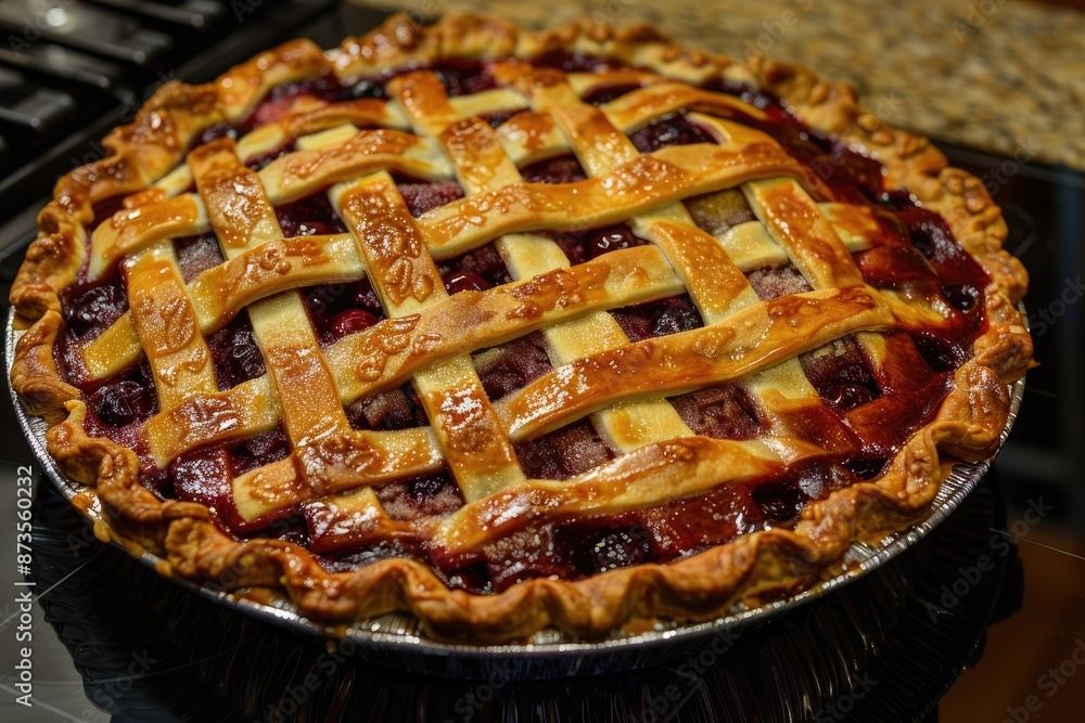 Poster a pie with a lattice crust is sitting on a counter. the pie is made with fruit and has a golden crus