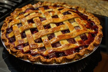 A pie with a lattice crust is sitting on a counter. The pie is made with fruit and has a golden crust