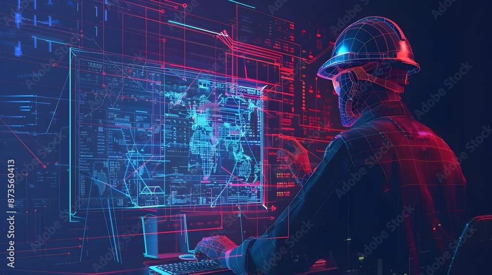 Fototapete software operations of a computer engineer on computer, abstract wireframe vector illustration