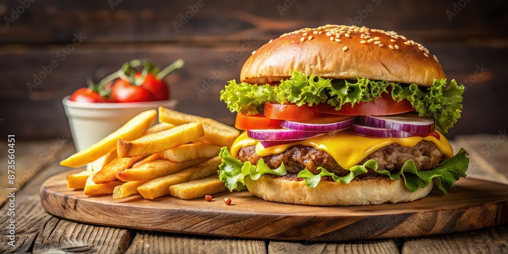 Sticker Close-up of a delicious burger and fries meal, fast food, lunch, juicy, tasty, unhealthy, American, meal, snack, hamburger