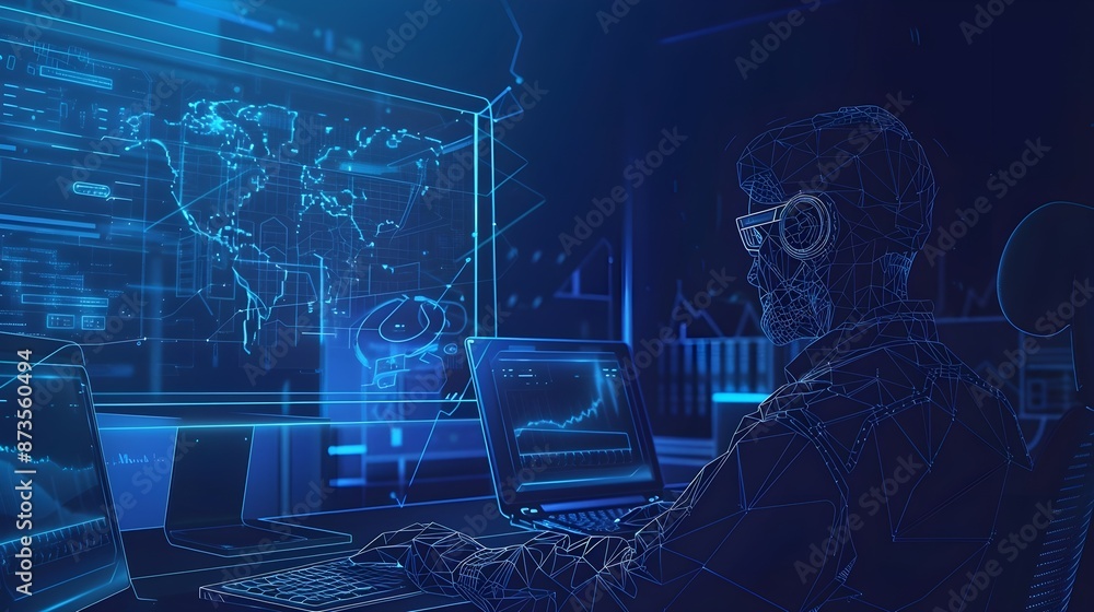 Fototapete software operations of a computer engineer on computer, abstract wireframe vector illustration
