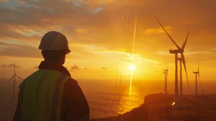 Engineers working during sunset, with golden light illuminating the turbines and the sea generative ai