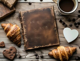 Top view of a blank square card on a brown leather and wood table with a croissant, chocolate chip cookies, and heart-shaped paper cutouts, and an old book cover