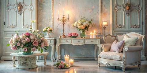 Still life shabby chic interior featuring vintage furniture, soft color palette, fresh flowers, and lit candles