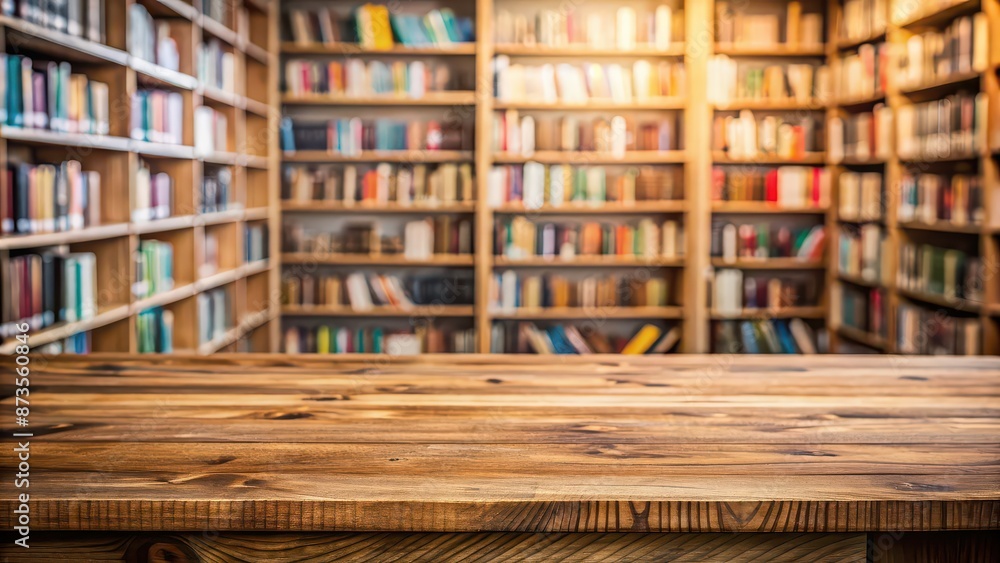 Poster Wooden table standing against a blurry library background, library, wooden table, workspace, interior, furniture, education