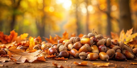 Fototapeta premium Pile of brown leaves and acorns in a forest setting, autumn, fall, nature, woodland, seasonal, foliage, texture, ground