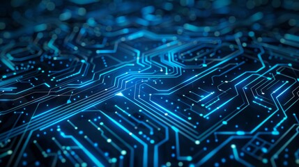 Thin circuit tracing lines in blue on a dark technology background generative ai