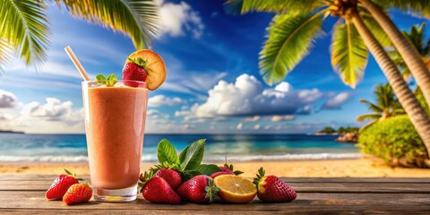 Fruit smoothie with straw on beach, strawberry banana orange. Fluffy clouds and palm trees, fruit, smoothie, beach, straw