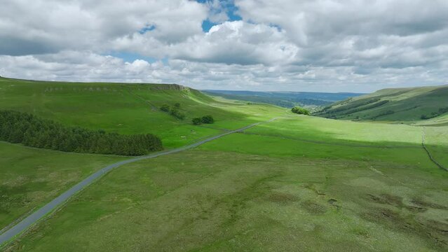 Meadows and Hills over Wharfedale from a drone, Cray, Skipton, Yorkshire Dales, North Yorkshire, England
