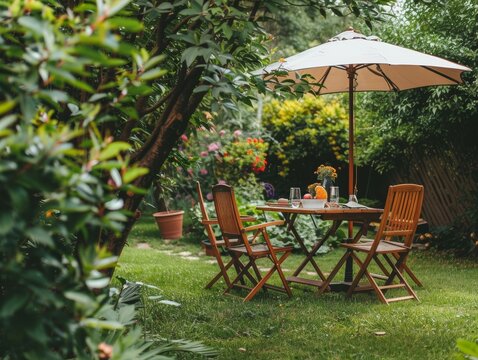 garden chairs, garden table and parasol in the garden, cozy at home in the garden. - ai