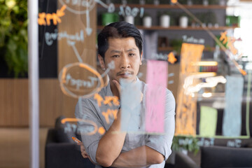 Thinking deeply, man analyzing project plan on transparent board in office