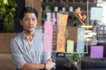 Analyzing business data on glass board, man focusing on project planning