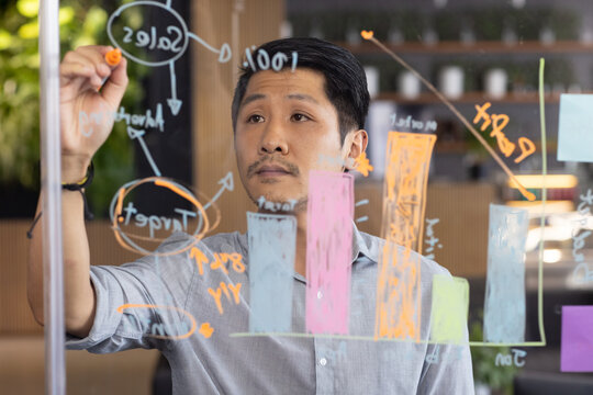 Writing on transparent board, man analyzing financial data and creating charts