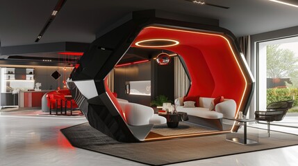 Innovative living room design: a model of creativity and originality, showcasing cutting-edge concepts that enhance comfort and visual appeal in contemporary home interiors.