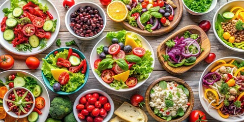 Variety of colorful and healthy salads with different ingredients , salad, healthy, food, vegetables, fresh, mix, gourmet