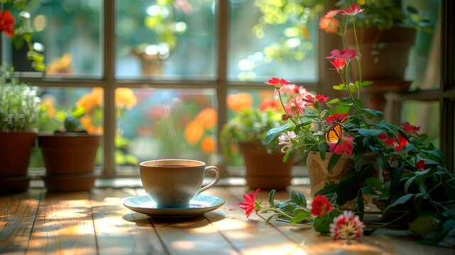Cup of coffee on window sill with blooming flowers and morning light. Cozy and serene concept