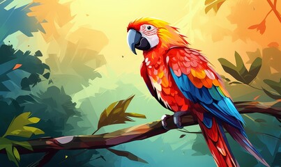 Fototapeta premium Parrot clinging sideways on a branch flat design top view tropical rainforest cartoon drawing colored pastel