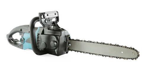Naklejka premium One electric chainsaw isolated on white. Wood cutting tool