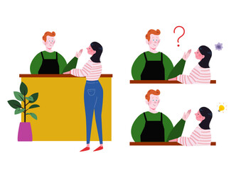 留学先で外国人の男性店員と英語で会話するのに苦戦する日本人女性のイラストセット