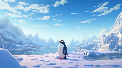Obraz premium Penguin waddling comically flat design side view icy terrain theme 3D render Splitcomplementary color scheme
