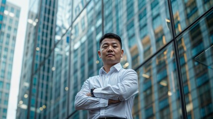 Fototapeta premium Confident Asian Businessman Standing With Arms Crossed In Front Of Office Building