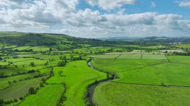 Farms and Fields over Cononley and River Aire from a drone, Keighley, North Yorkshire, England