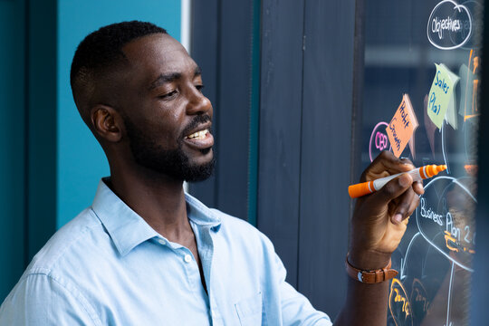 Writing on glass board, man brainstorming and planning project in office