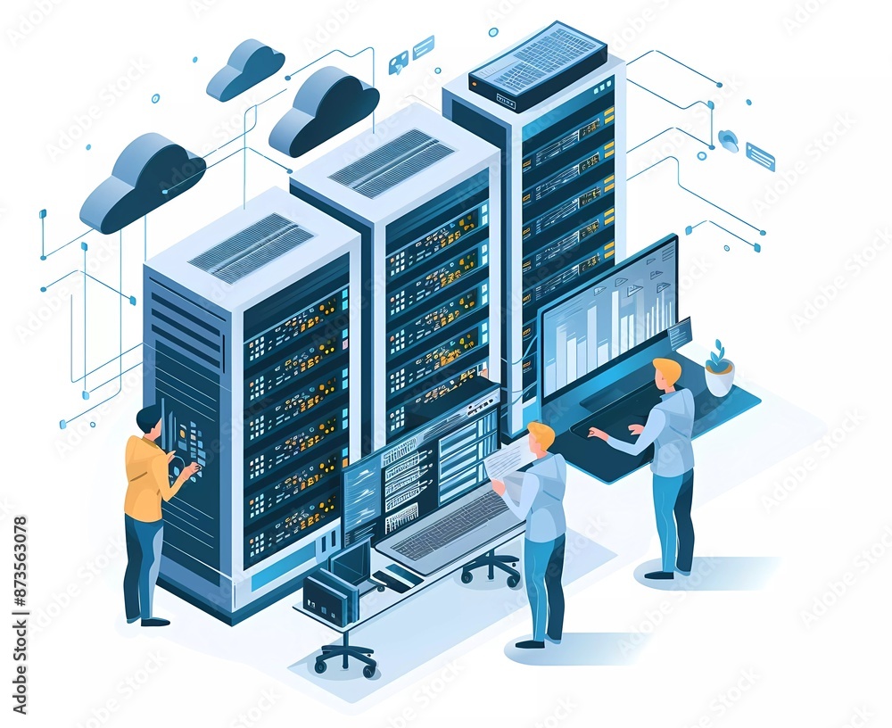 Poster isometric illustration of computer servers and data center with man working on laptop, flat vector i
