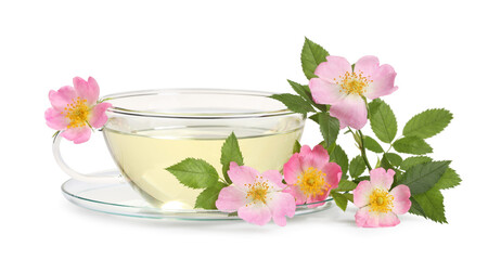 Aromatic herbal tea in glass cup with rose hip flowers isolated on white