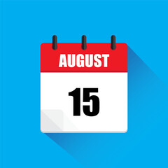 Calendar icon illustration. August fifteen. Red and white design. Blue background shadow.