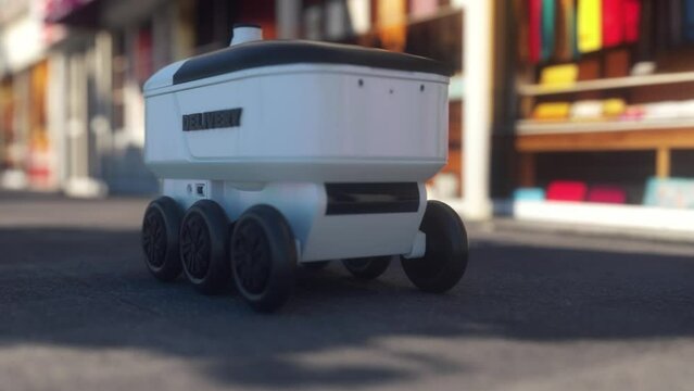 Autonomous delivery robot drives along the street. Modern smart wireless robot deliver goods or food to a customer