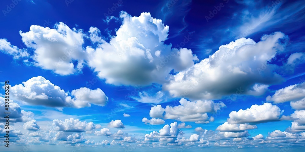 Wall mural Clear blue sky with fluffy white clouds, blue, sky, clouds, sunny, outdoor, nature, peaceful, serene, weather, atmosphere, horizon