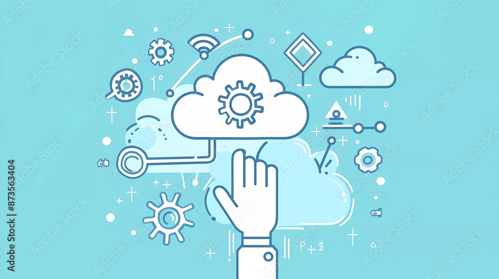 Poster flat vector illustration of a hand touching a cloud with gears and data elements against a light blu