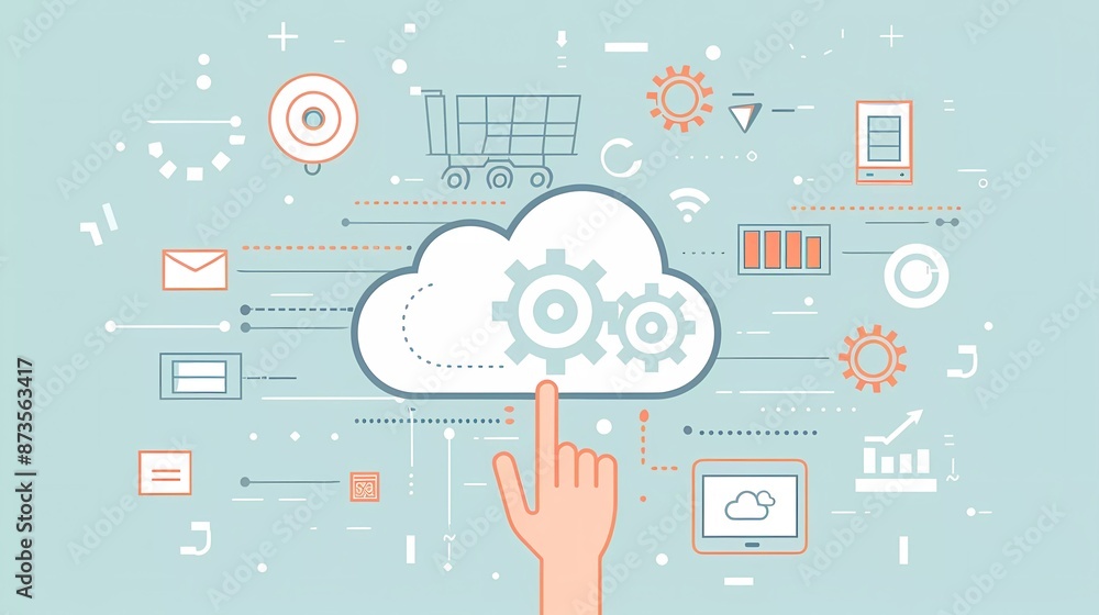 Poster flat vector illustration of a hand touching a cloud with gears and data elements against a light blu
