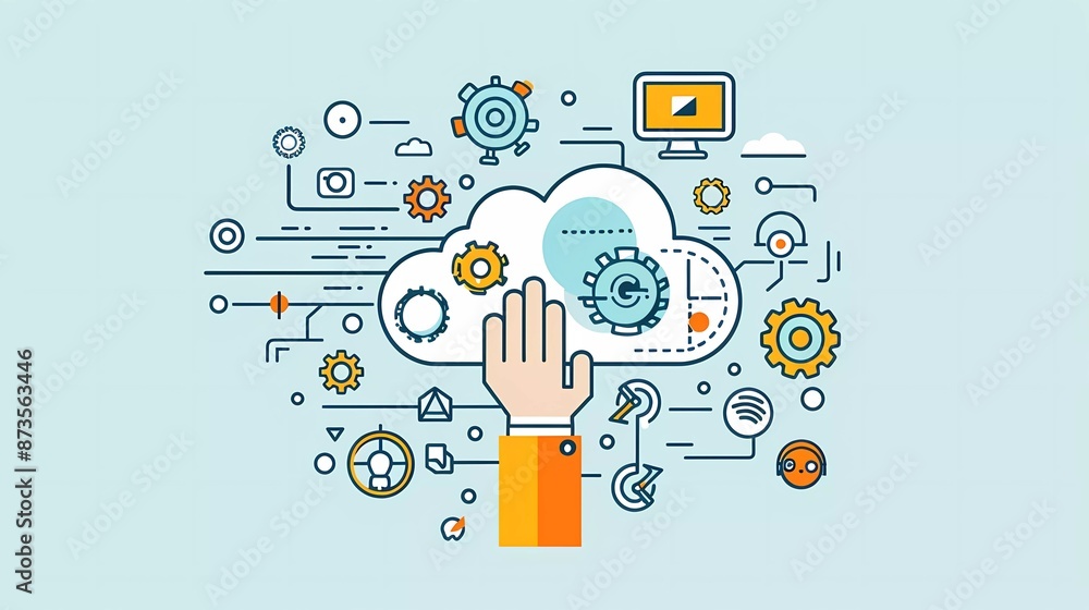 Poster flat vector illustration of a hand touching a cloud with gears and data elements against a light blu