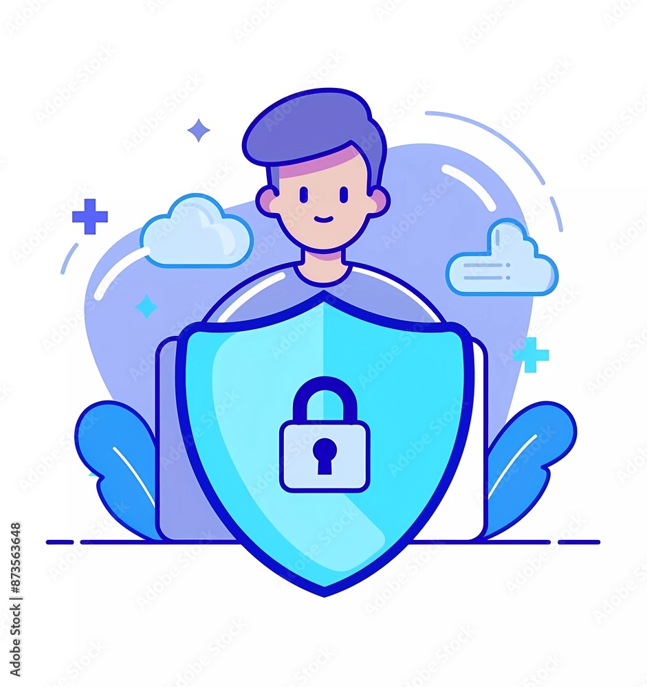 Poster illustration of a person using a laptop and shield with a lock symbol on a white background in a sim
