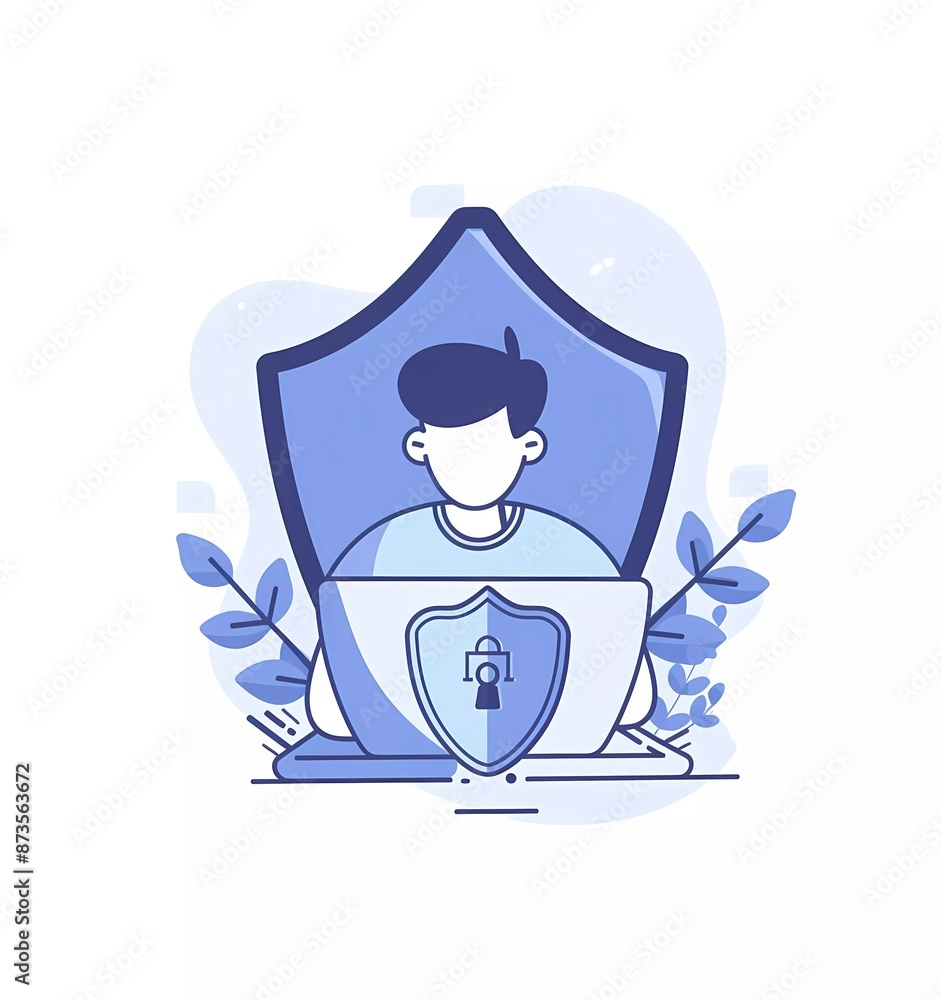 Poster illustration of a person using a laptop and shield with a lock symbol on a white background in a sim