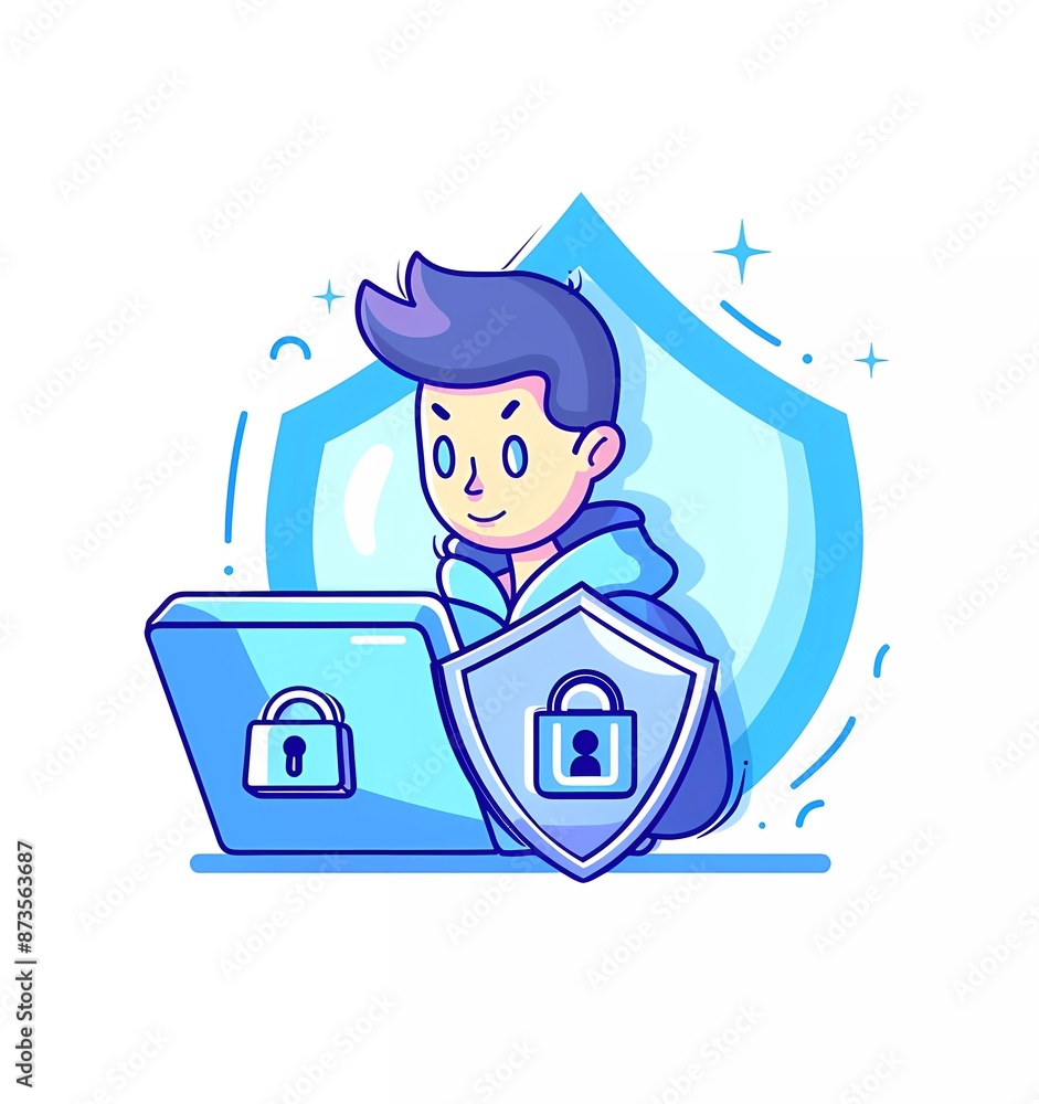 Poster illustration of a person using a laptop and shield with a lock symbol on a white background in a sim