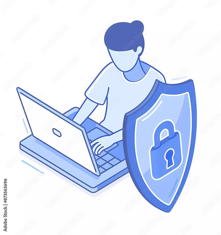 Poster illustration of a person using a laptop and shield with a lock symbol on a white background in a sim