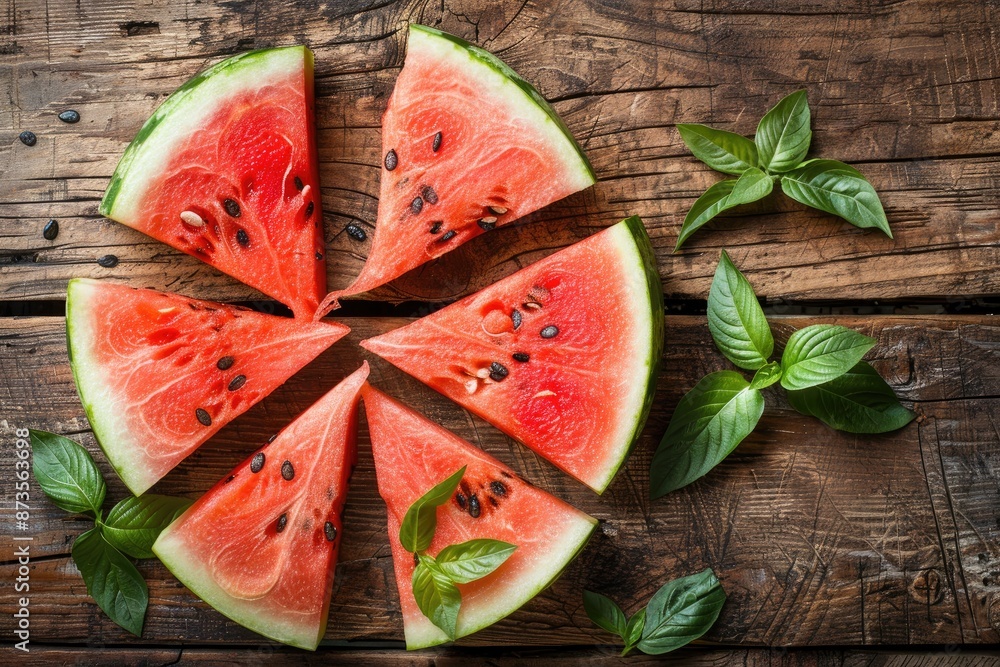 Poster a close up of a watermelon with a few slices missing. the slices are arranged in a circle on a woode